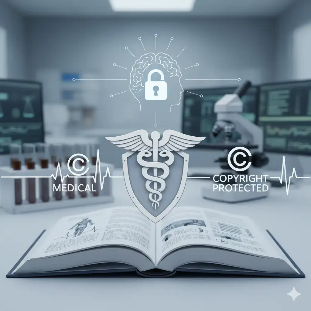 Ilustração representando direitos autorais e proteção de propriedade intelectual médica